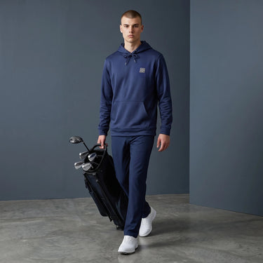 HARG Deep Navy lightweight performance fabric golf hoodie with a kangaroo pocket and drawstring hood.