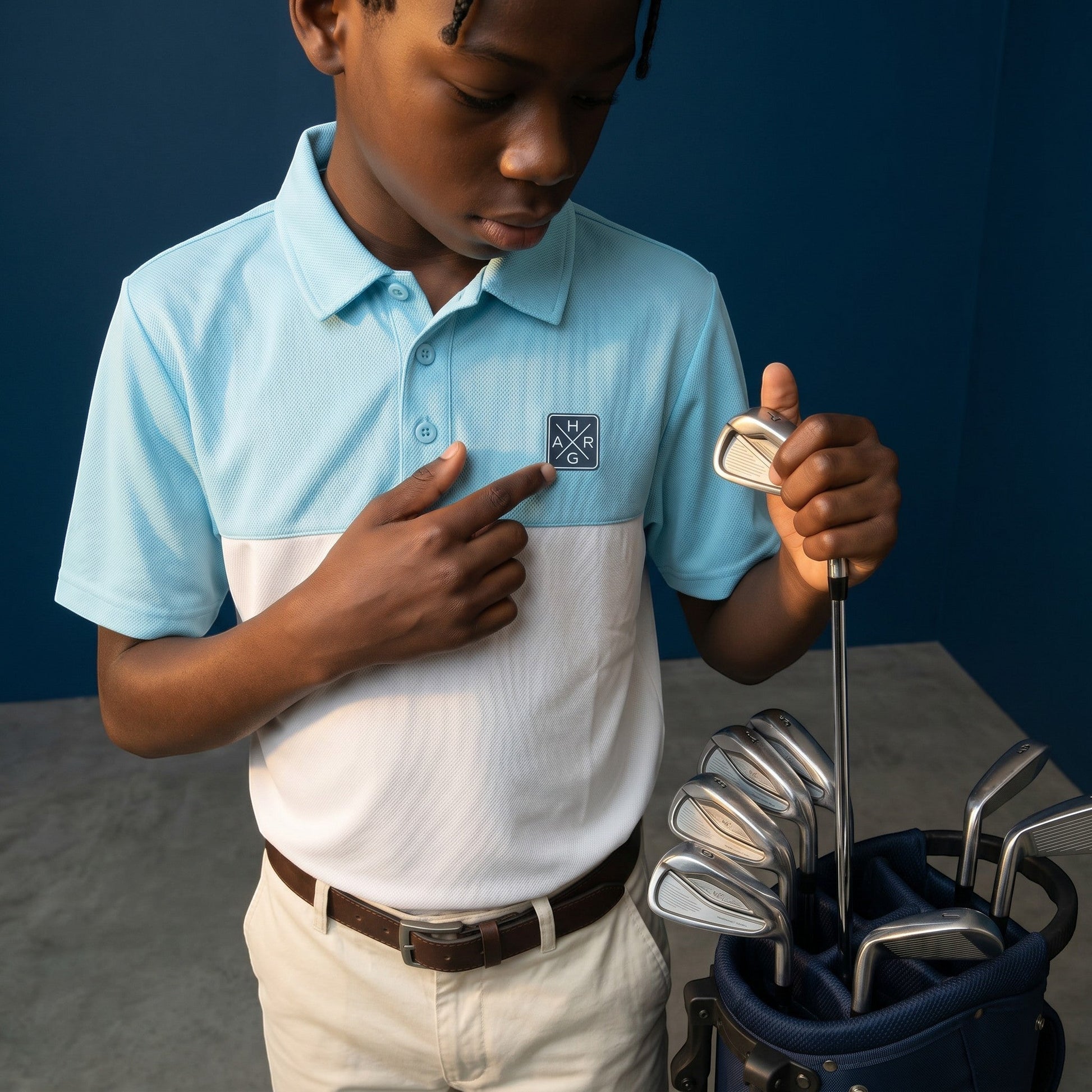 HARG Junior Comfort Fit Golf Polo - Sky Blue / Chalk White - HARG Golf