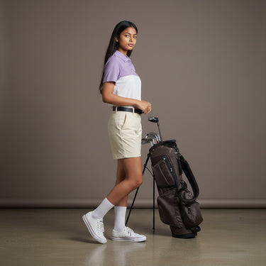 HARG Junior Comfort Fit Golf Polo in Royal Purple and Chalk White. Lightweight, breathable, moisture-wicking fabric.